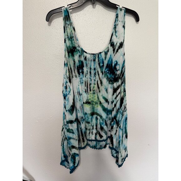 a.n.a Tank Top White Green Black Watercolor Flowy Crochet Hem Womans 1X - Picture 2 of 6